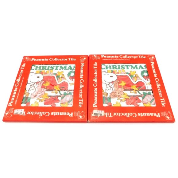 Set of 2 Vintage Japan Christmas Peanuts Collector Tiles Snoopy Woodstock Sleigh - Picture 1 of 6